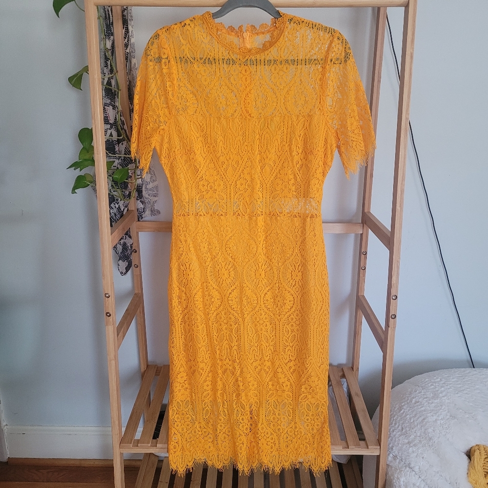 Lulus Remarkable Bright Goldenrod Lace Dress - Size M - Picture 4 of 5
